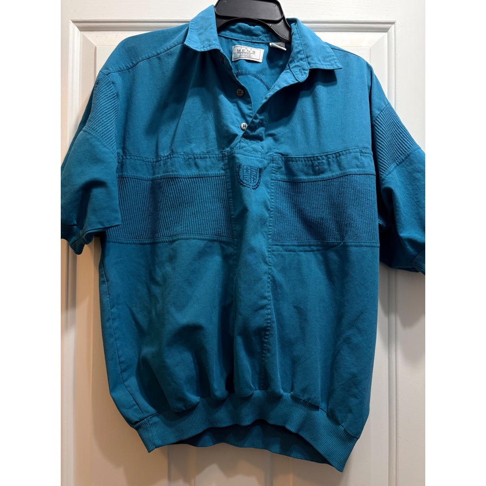 Vintage Sears Mens Store Teal Blue Textured Polo Shirt Embroidered Crest Medium